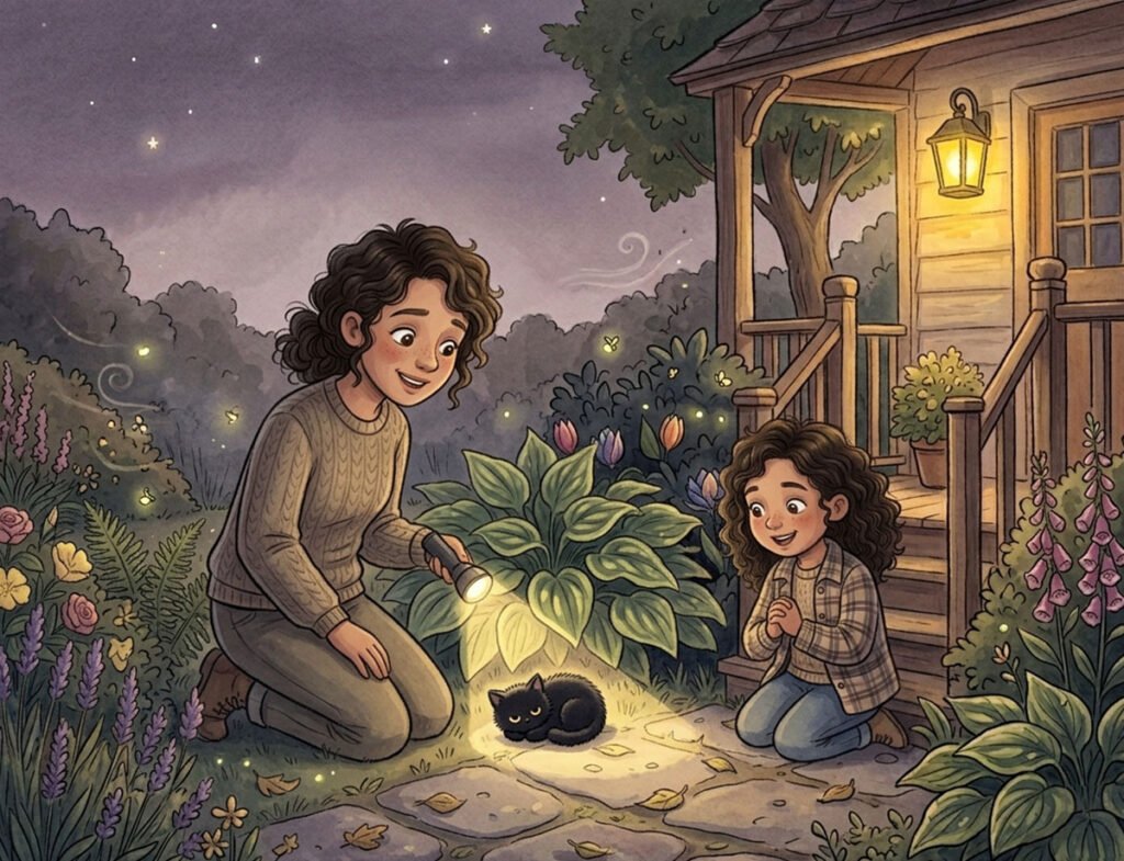 glowing eyes bedtime story illustration of Mira and mom discovering Soot the lost kitten for kids