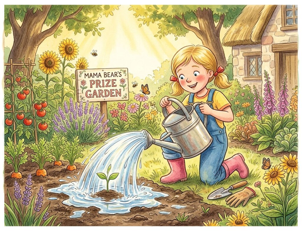 goldilocks bedtime story illustration of Goldilocks over-watering her seedling in Mama Bear's garden for kids