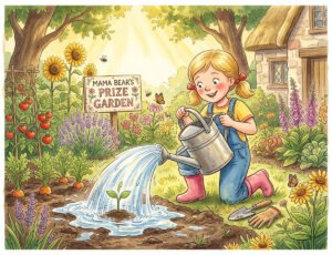 goldilocks bedtime story illustration of Goldilocks over-watering her seedling in Mama Bear's garden for kids