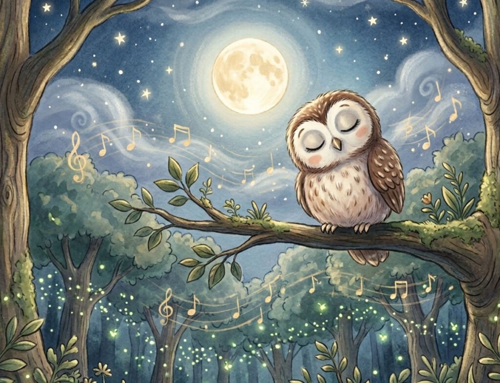 Night owl bedtime story illustration of Nora the owl finally finding her perfect lullaby for kids