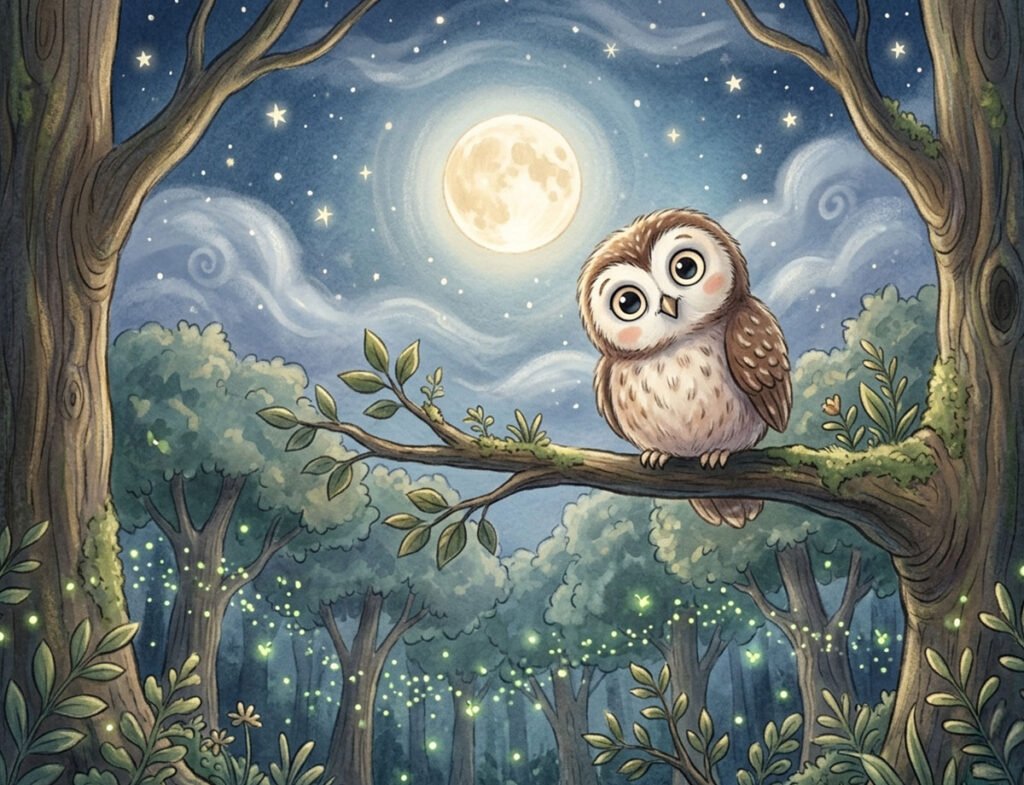 night owl bedtime story illustration of Nora the owl listening for a lullaby in the moonlit forest for kids