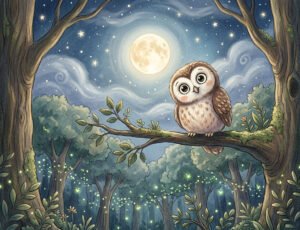 night owl bedtime story illustration of Nora the owl listening for a lullaby in the moonlit forest for kids