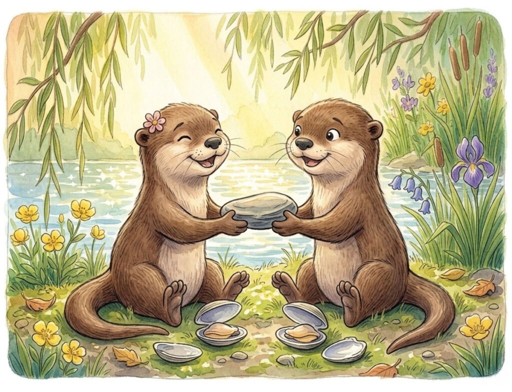 otter bedtime story illustration of Ollie and Pearl the otters sharing the special rock together for kids