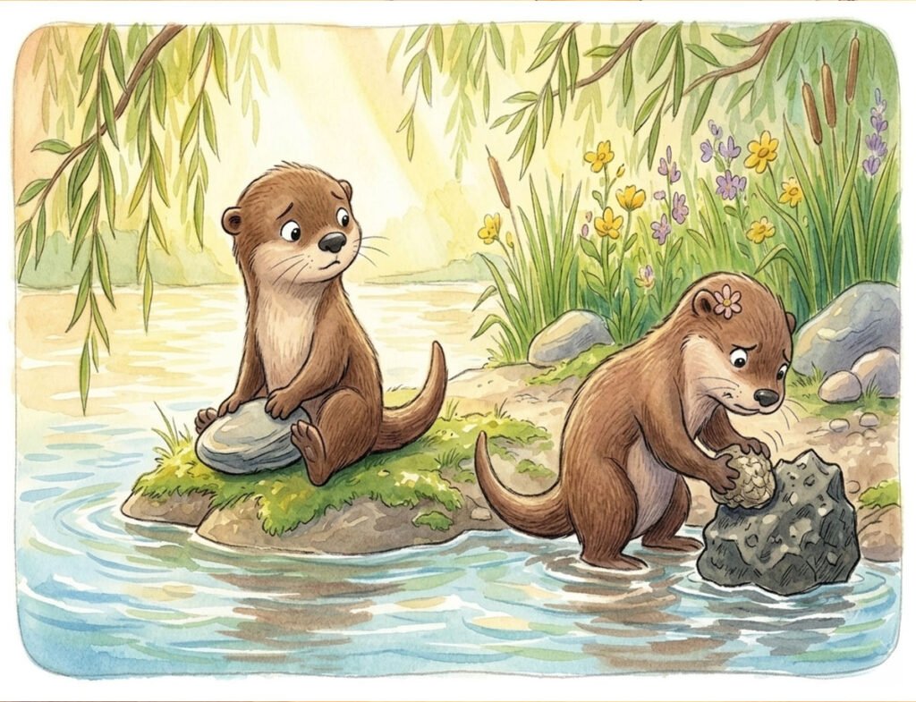 otter bedtime story illustration of Ollie the otter guarding his special rock while Pearl struggles for kids