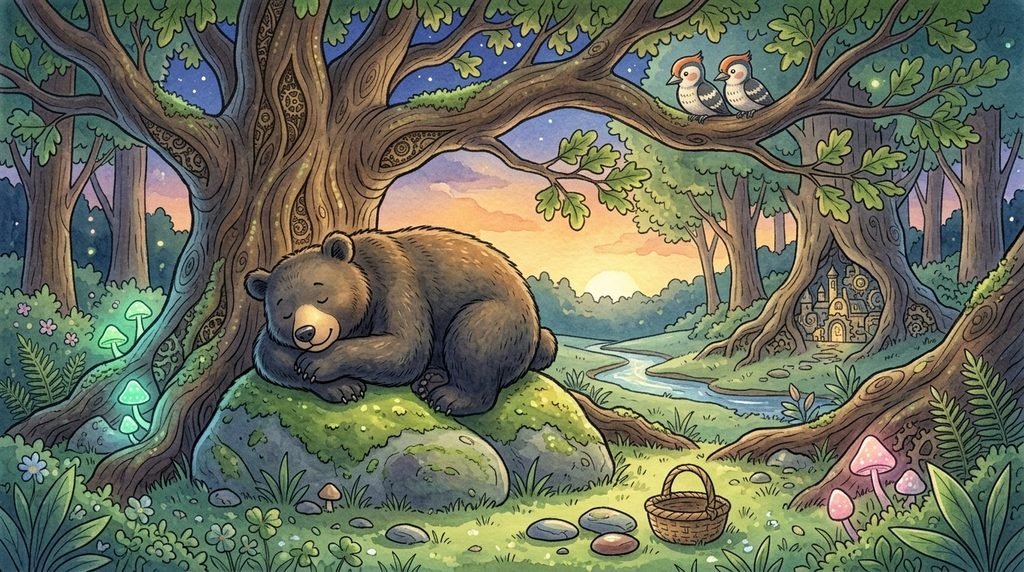 Bear bedtime story - Bruno the black bear napping on a mossy rock under an oak tree