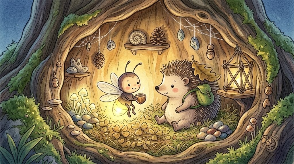 Gentle bedtime stories for kids - Luma the firefly guiding a baby hedgehog home