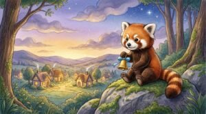 honesty bedtime story - Oliver the red panda ringing the silver bell on Lookout Rock