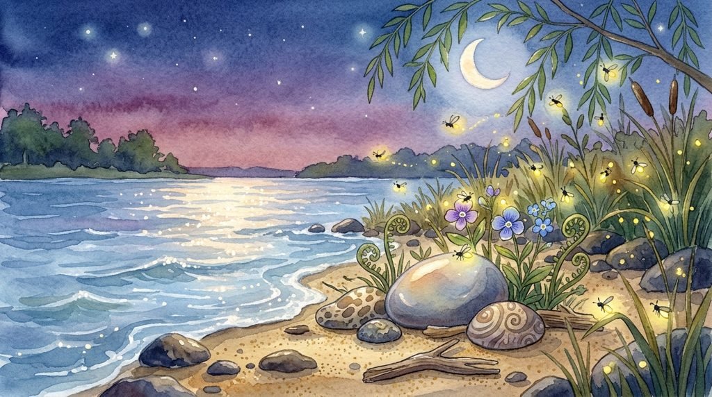 River pebble bedtime story - Pippin the smooth stone resting on a moonlit riverbank