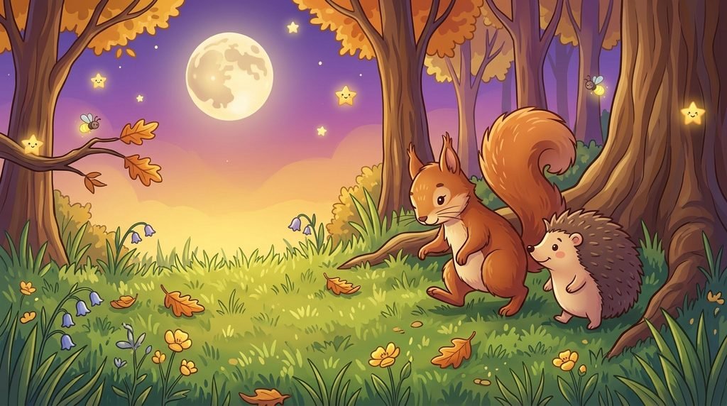 Squirrel bedtime story - Nutmeg the squirrel resting on soft moss in an autumn forest