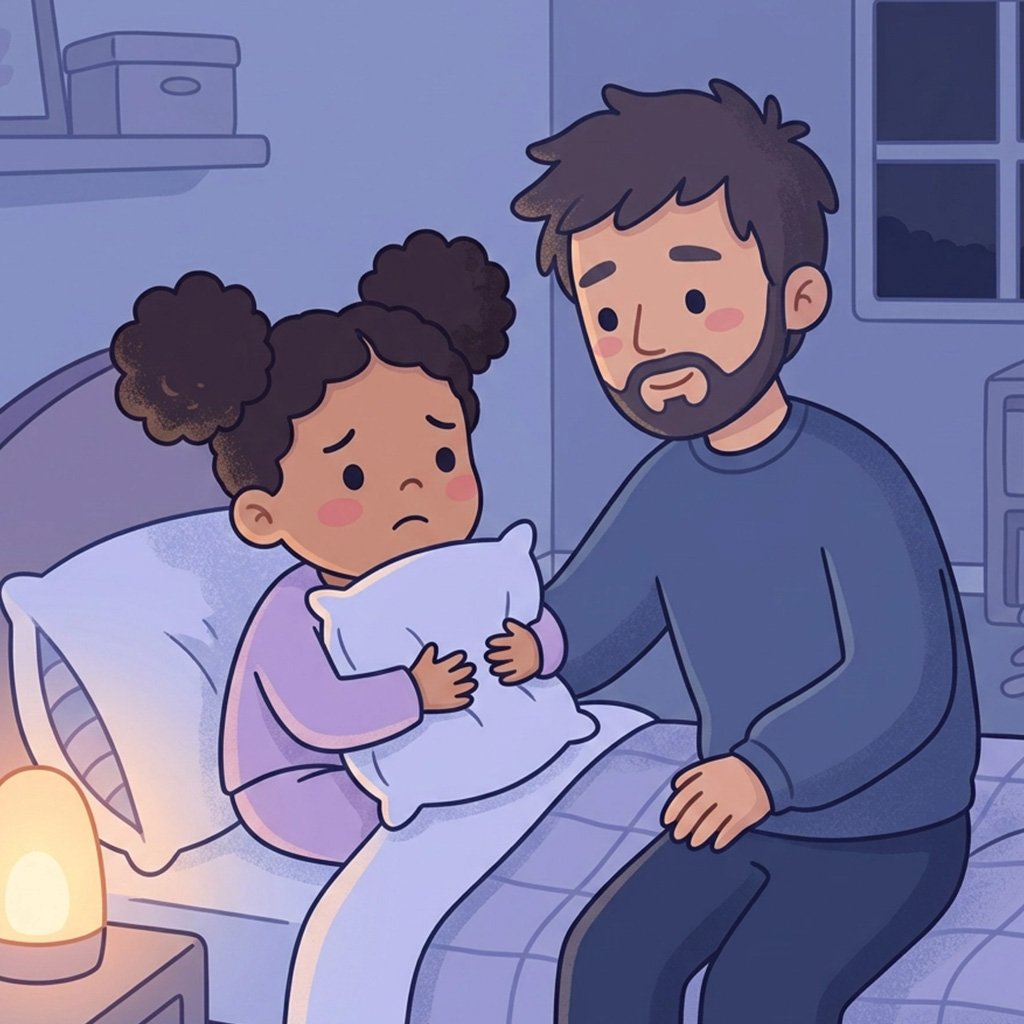 bedtime story about nightmares - Nadia hugging her pillow while Dad listens on her bed