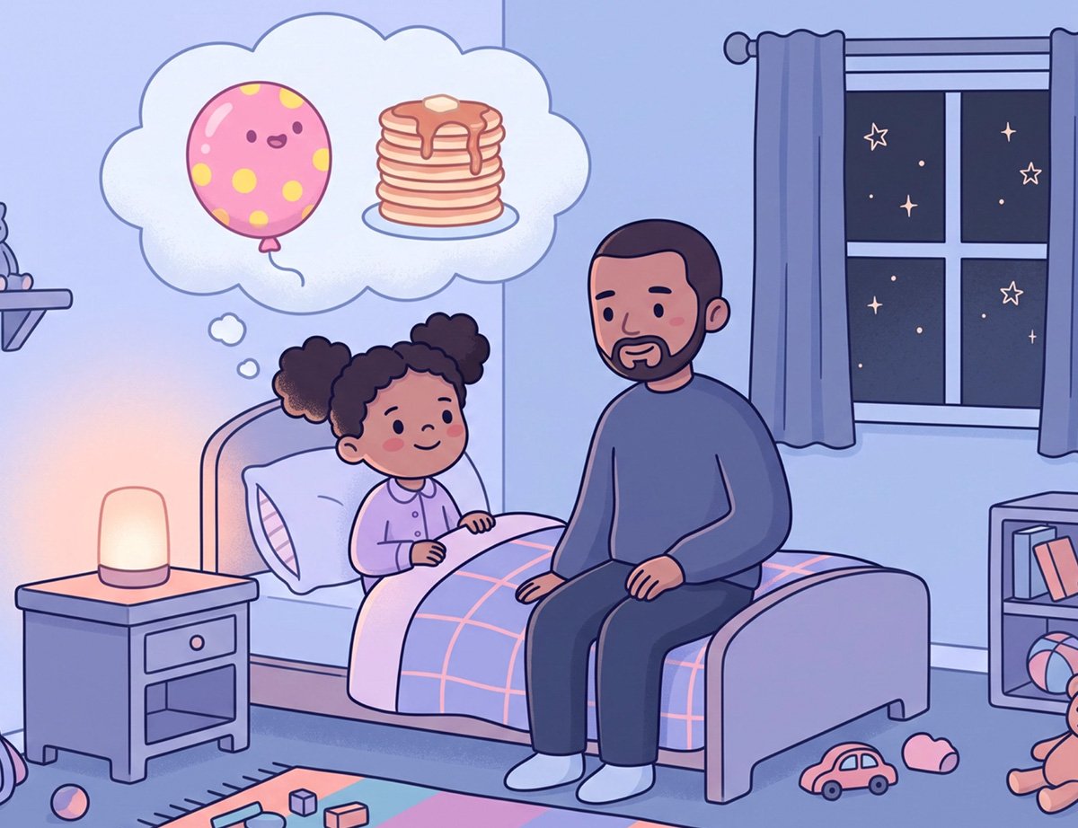 bedtime story about nightmares - Nadia and her dad turning a bad dream into a happy one