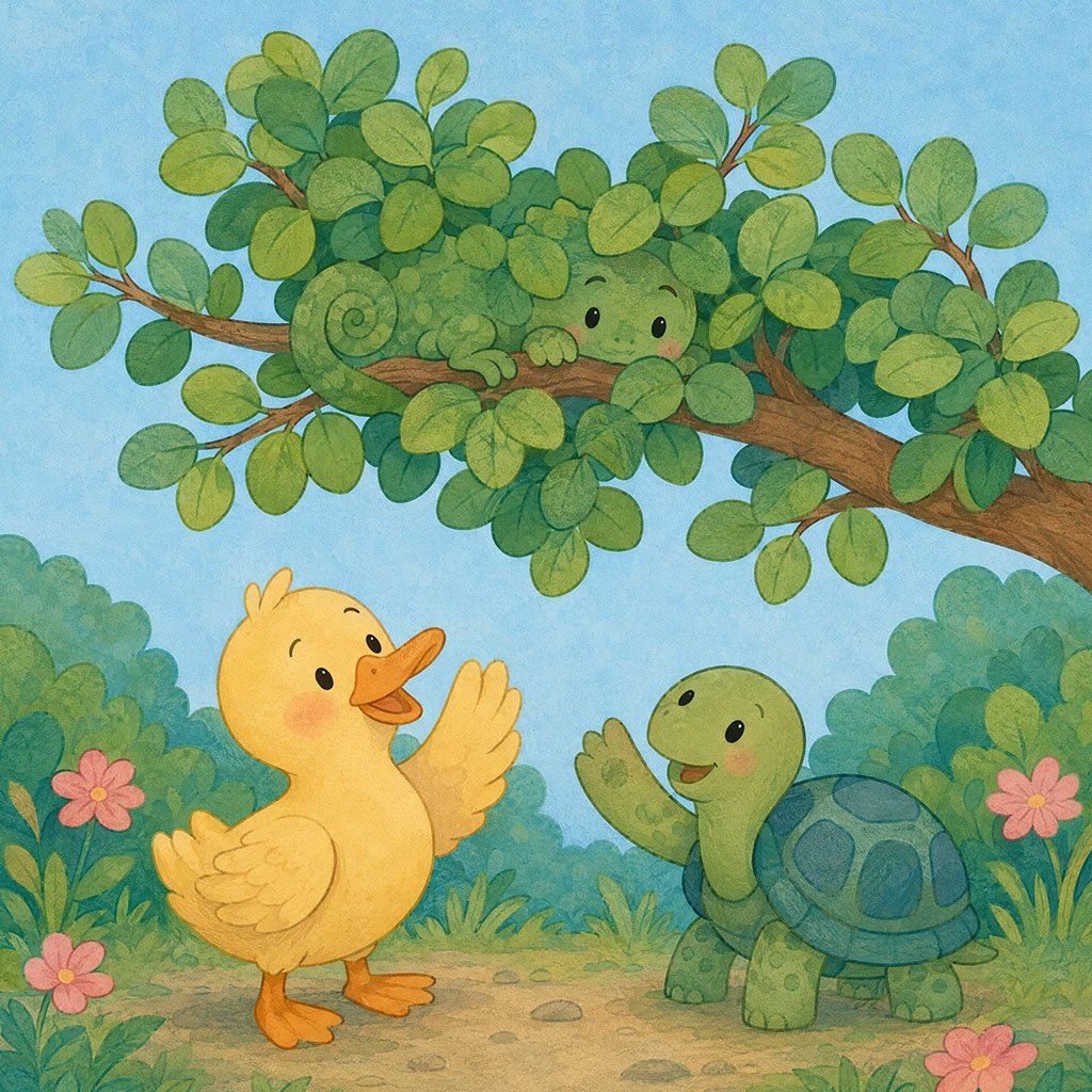 bedtime story about shyness - Kiko the chameleon turning green to hide on a branch