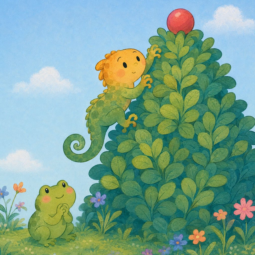 bedtime story about shyness - Kiko climbing a bush to reach Bea the frog's ball