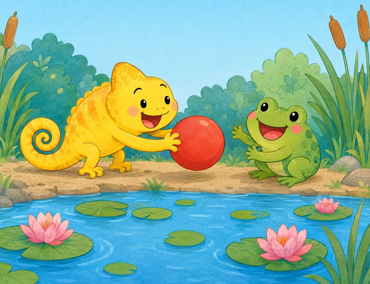 bedtime story about shyness - Kiko the yellow chameleon playing ball with Bea the frog by the pond