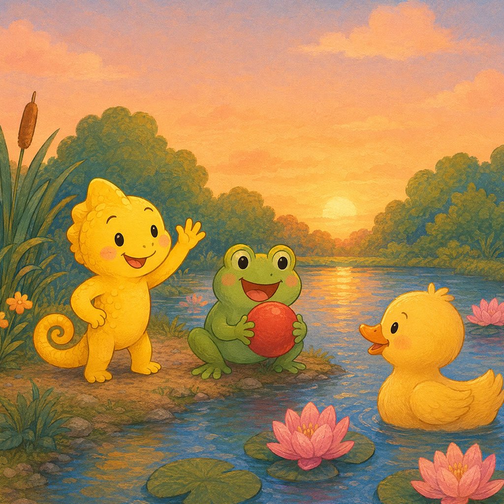 bedtime story about shyness - Kiko turning sunny yellow and waving to a duck at sunset