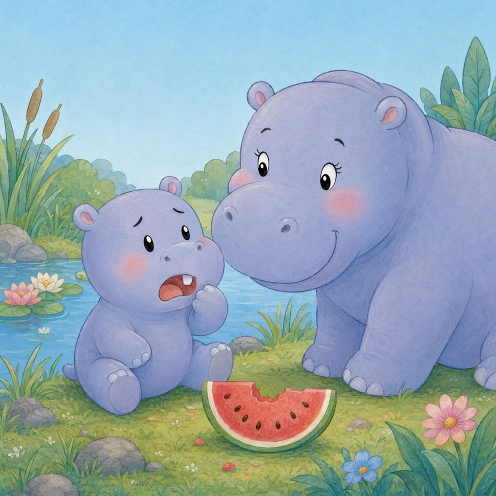 losing a tooth bedtime story - Pudding the hippo touching his wobbly tooth while Mama smiles