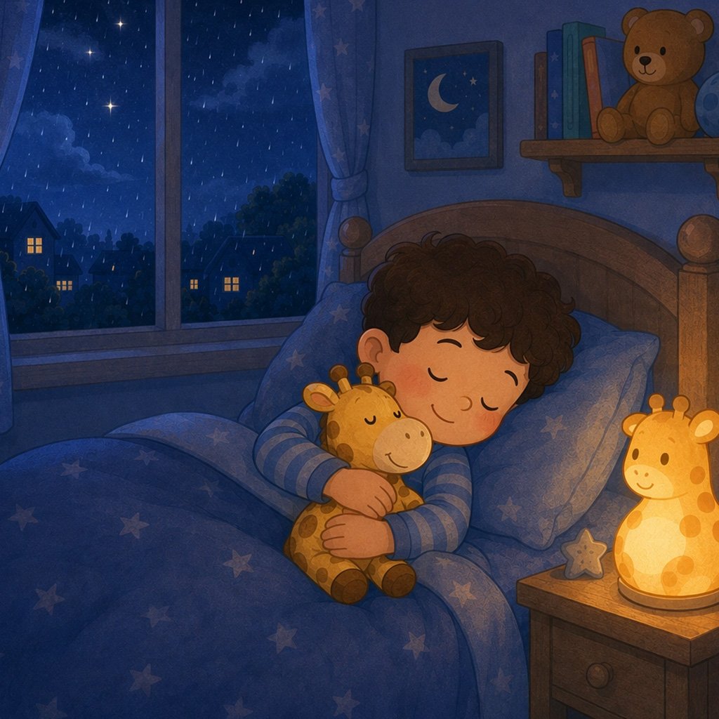 thunderstorm bedtime story - Omar asleep with his stuffed giraffe as the storm passes