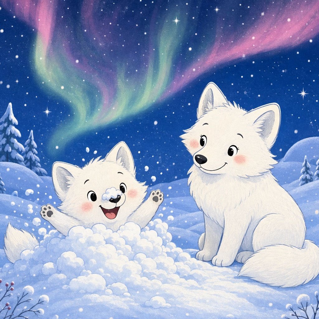 winter bedtime story - Flurry popping out of the snow under the northern lights