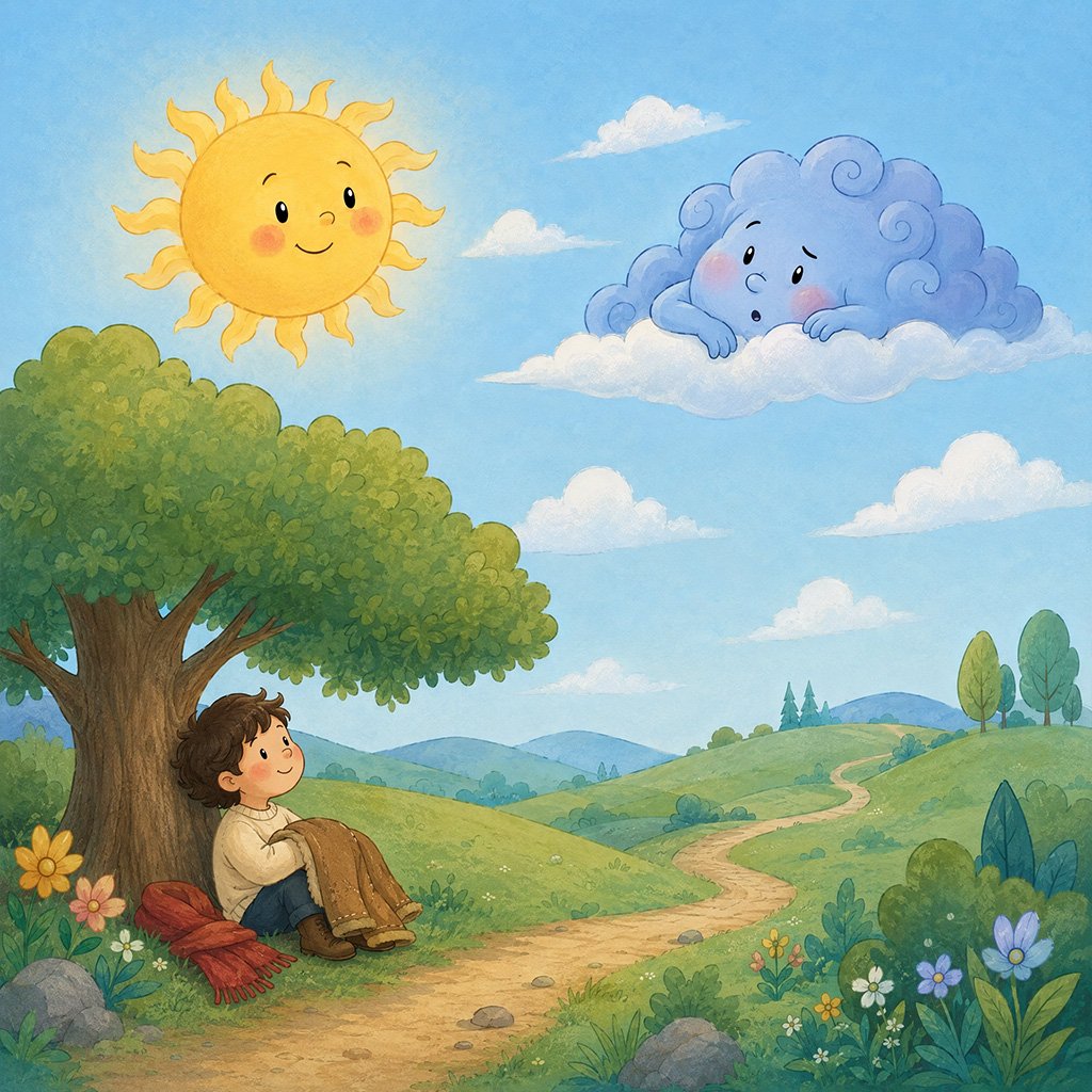 north wind and the sun story - the traveler resting under a tree with his coat off