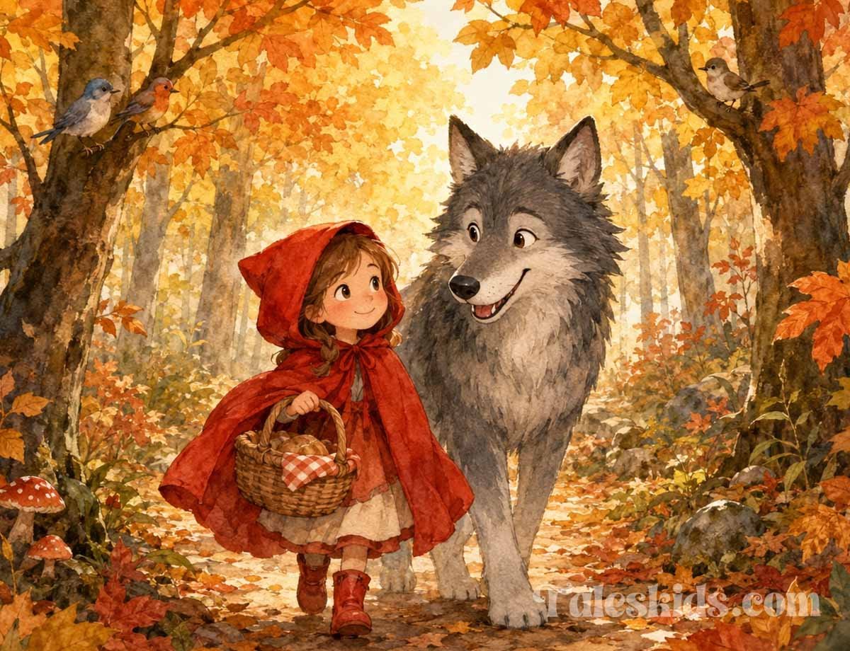little red riding hood bedtime story - Little Red walking the forest path with her basket