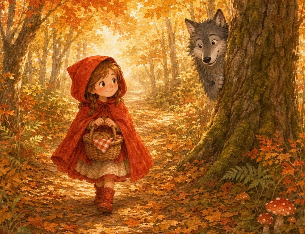 little red riding hood bedtime story - the wolf peeking from behind a tree