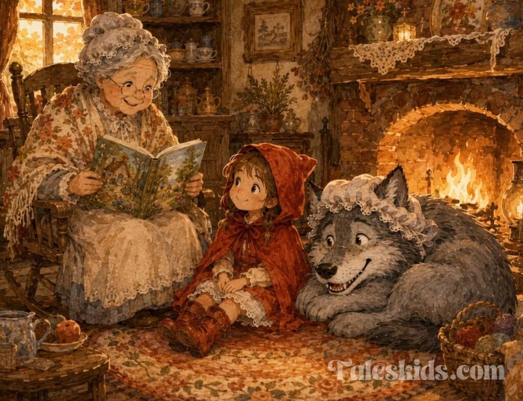 little red riding hood bedtime story - Granny, Little Red and the wolf at story time
