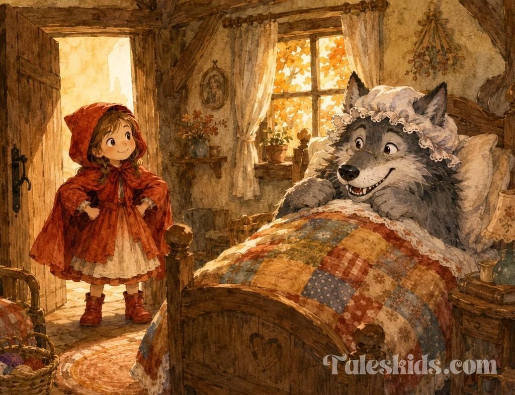 little red riding hood bedtime story - the wolf in Granny's bed wearing her nightcap