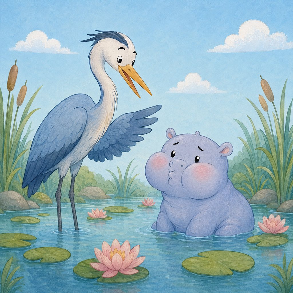 losing a tooth bedtime story - Pudding the hippo keeping his mouth shut while Reed the heron talks to him