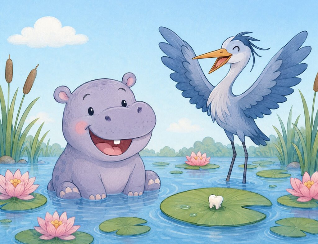 losing a tooth bedtime story - Pudding the hippo smiling with a gap in his teeth in the river