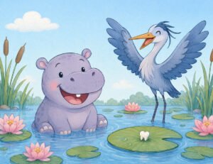 losing a tooth bedtime story - Pudding the hippo smiling with a gap in his teeth in the river