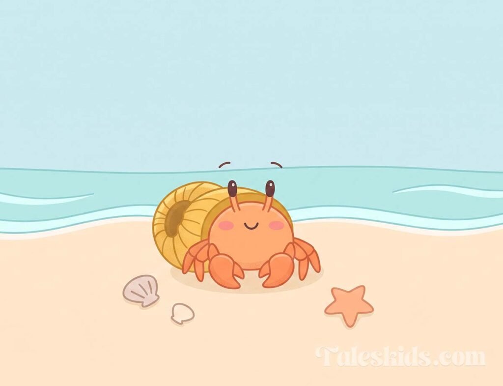 moving house bedtime story - Dune the hermit crab peeking out of his new golden shell on the beach