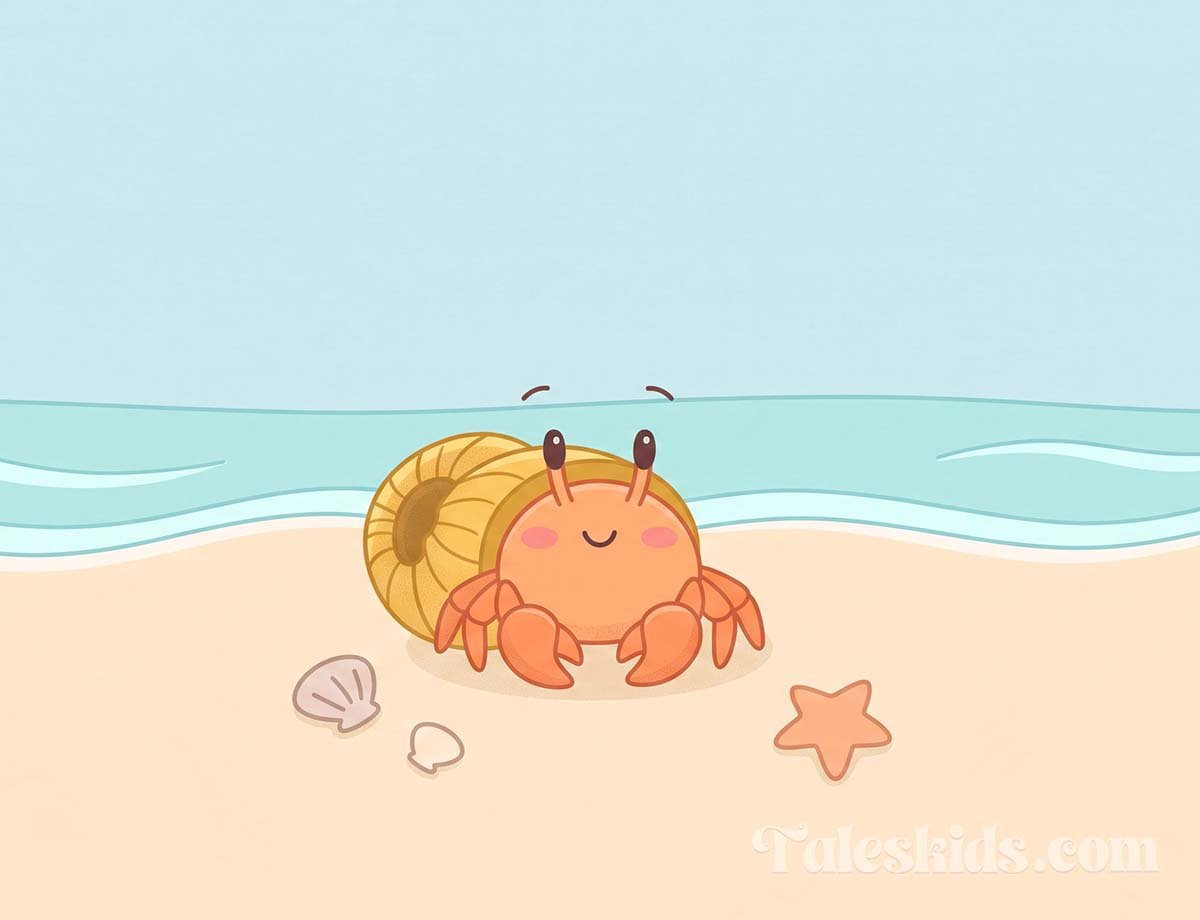 moving house bedtime story - Dune the hermit crab peeking out of his new golden shell on the beach