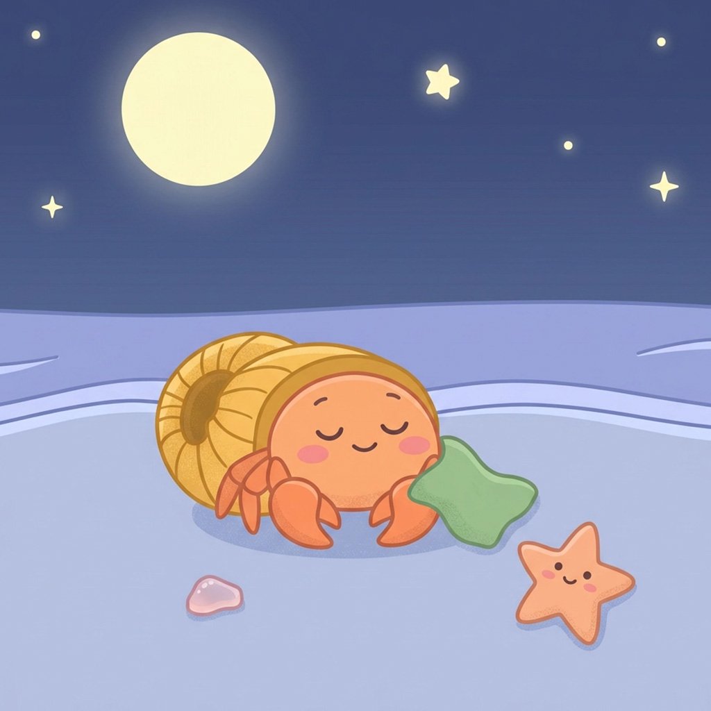 moving house bedtime story - Dune asleep in his new shell under the moon