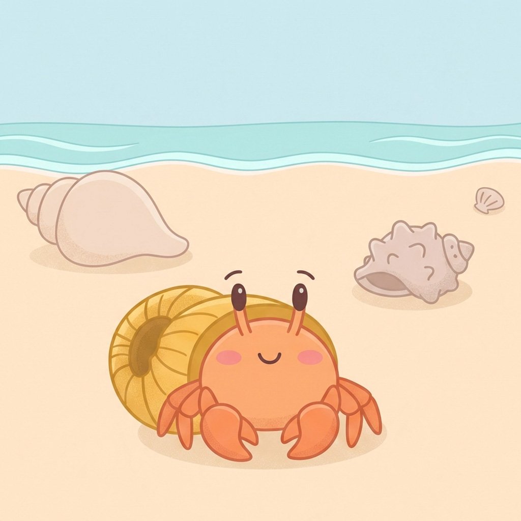 moving house bedtime story - Dune trying his new golden shell on the beach