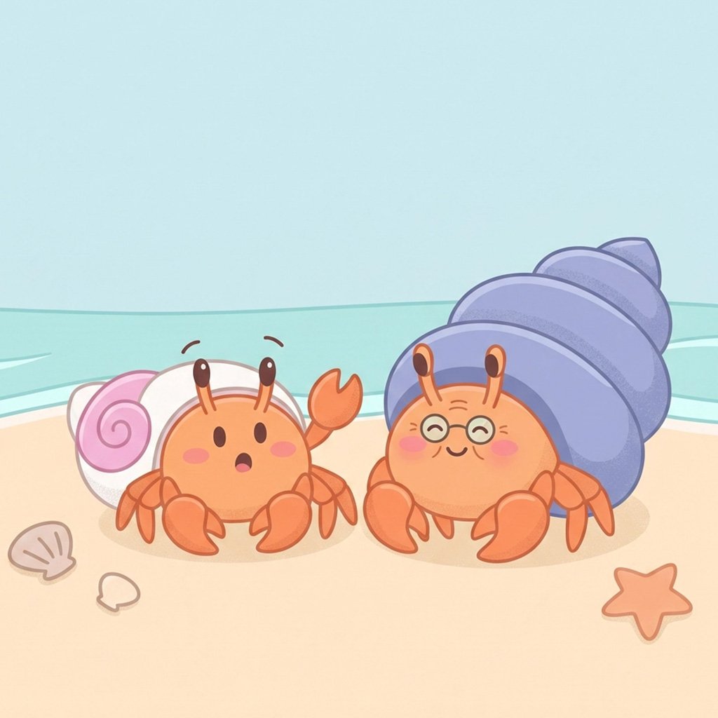 moving house bedtime story - Dune squished in his too-small shell with Grandma Sandy laughing