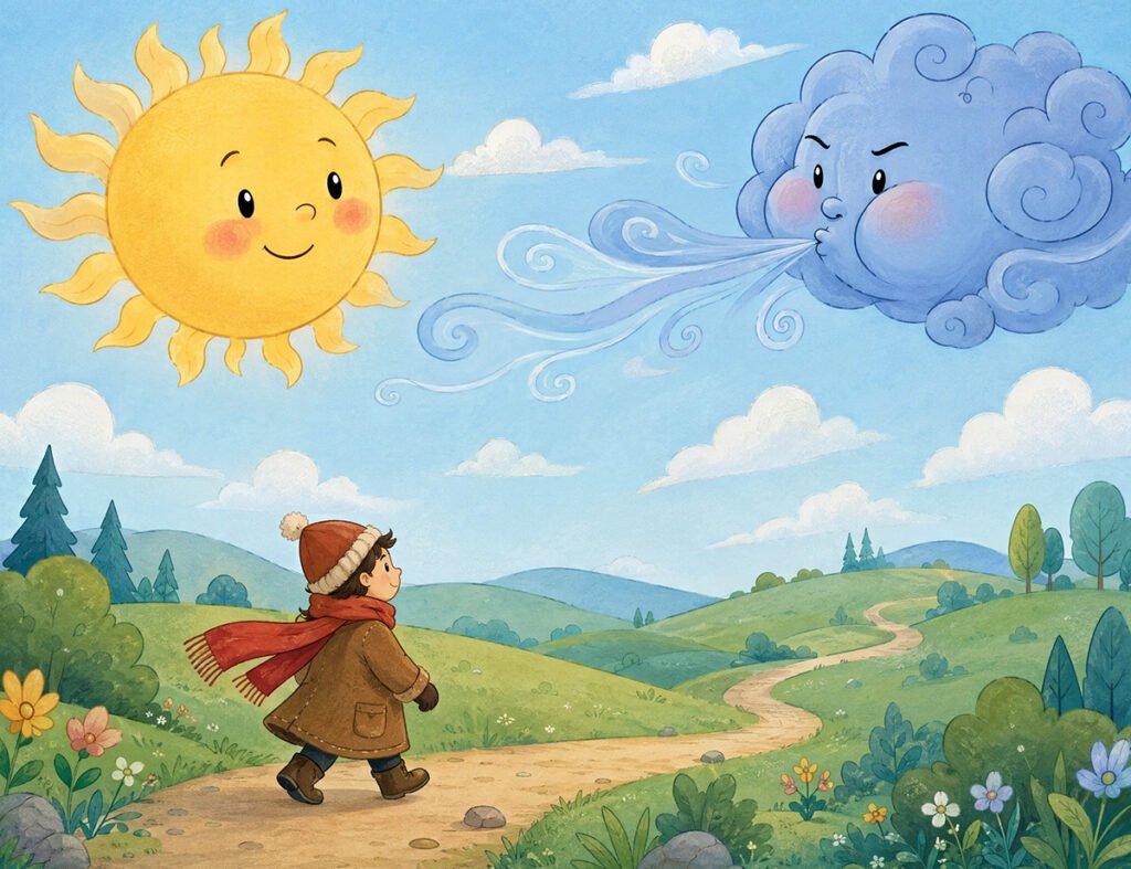 north wind and the sun story - the Sun and the North Wind above a traveler on the road