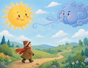 north wind and the sun story - the Sun and the North Wind above a traveler on the road