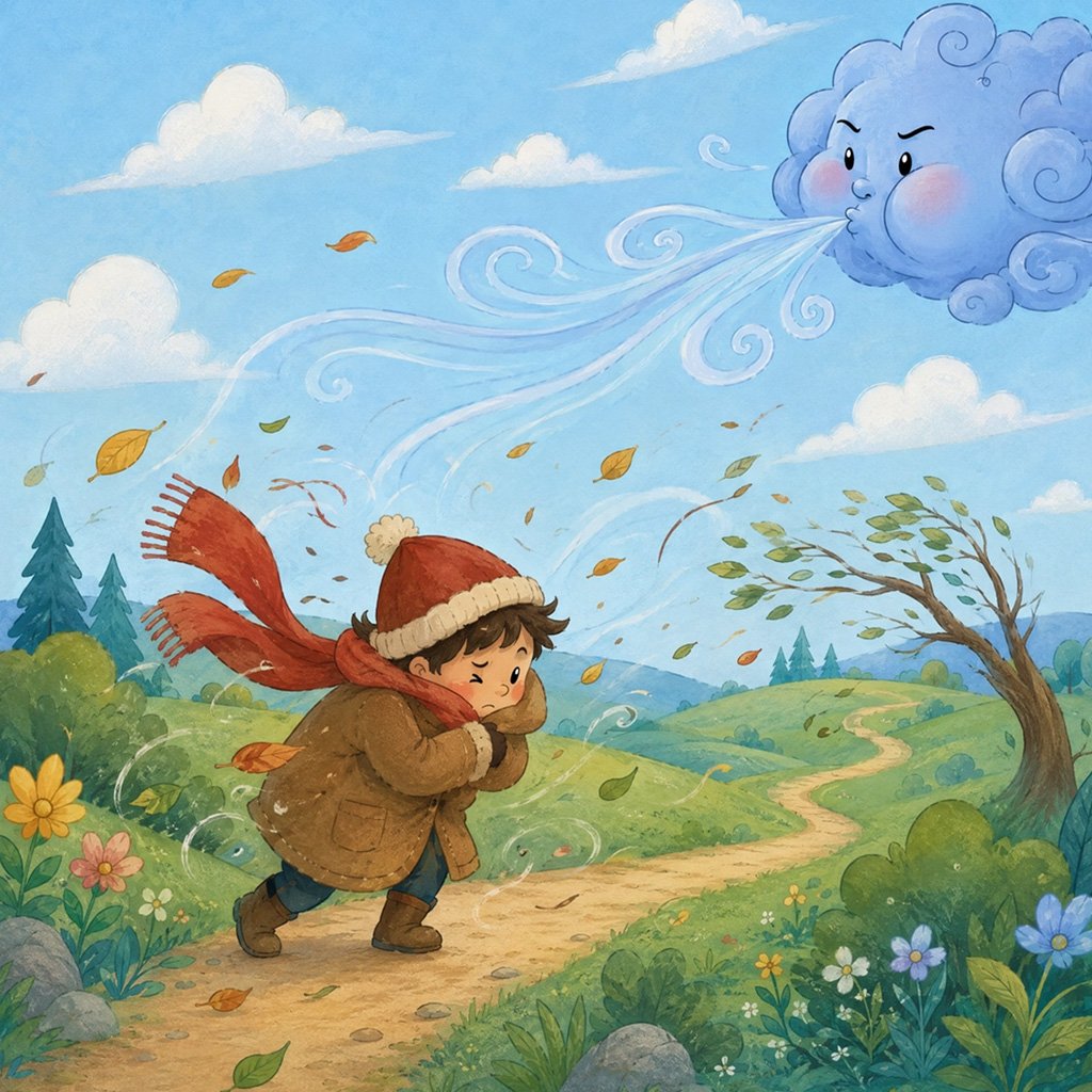 north wind and the sun story - the North Wind blowing hard as the traveler holds his coat tight
