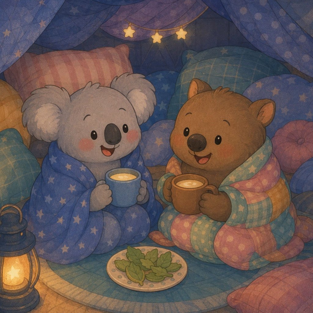 sleepover bedtime story - Nori and Biscuit laughing in their blanket fort with warm milk
