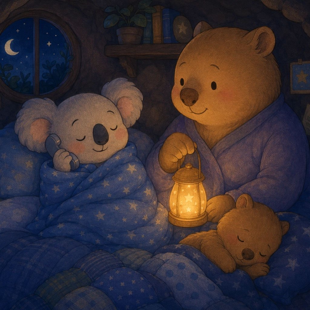 sleepover bedtime story - Nori calling her mama on the phone while Biscuit's mum sits beside her