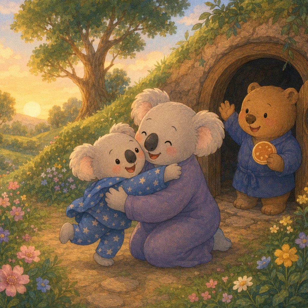 sleepover bedtime story - Nori hugging her mama in the morning after the sleepover