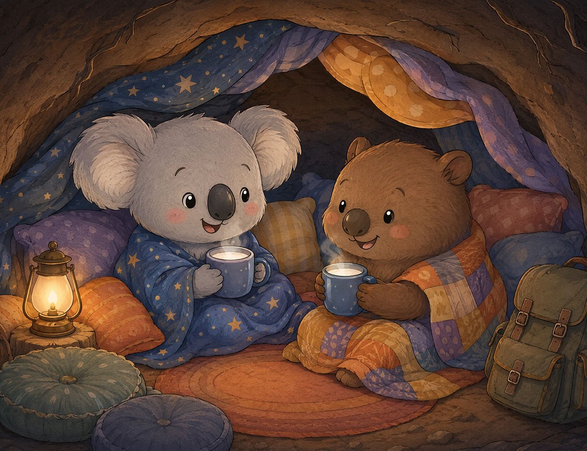 sleepover bedtime story - Nori the koala and Biscuit the wombat in a blanket fort