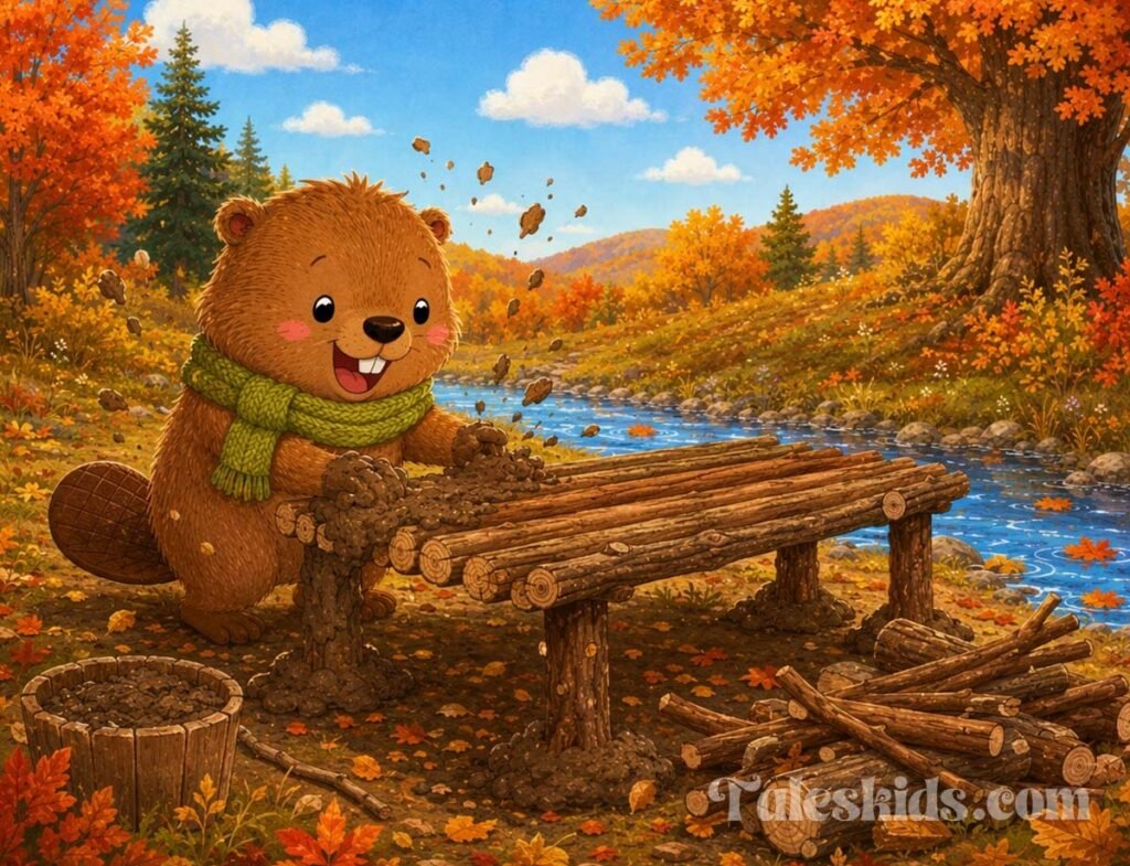 thanksgiving bedtime story - Birch the beaver building a long wooden table