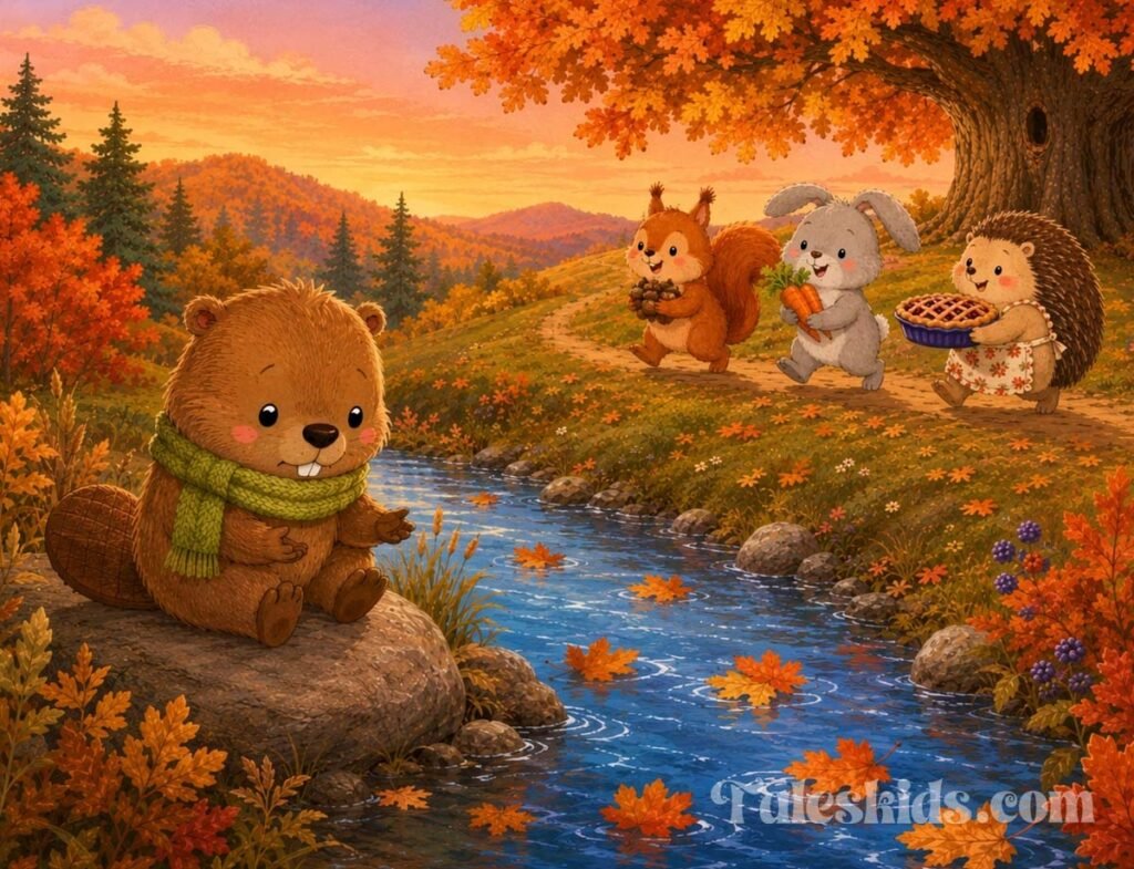 thanksgiving bedtime story - Birch the beaver sitting alone by the stream