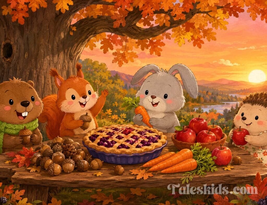 thanksgiving bedtime story - forest animals sharing supper at Birch the beaver's wooden table