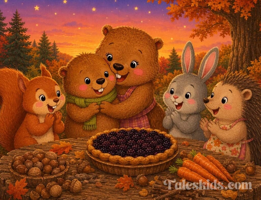 thanksgiving bedtime story - the forest friends thanking Birch at supper