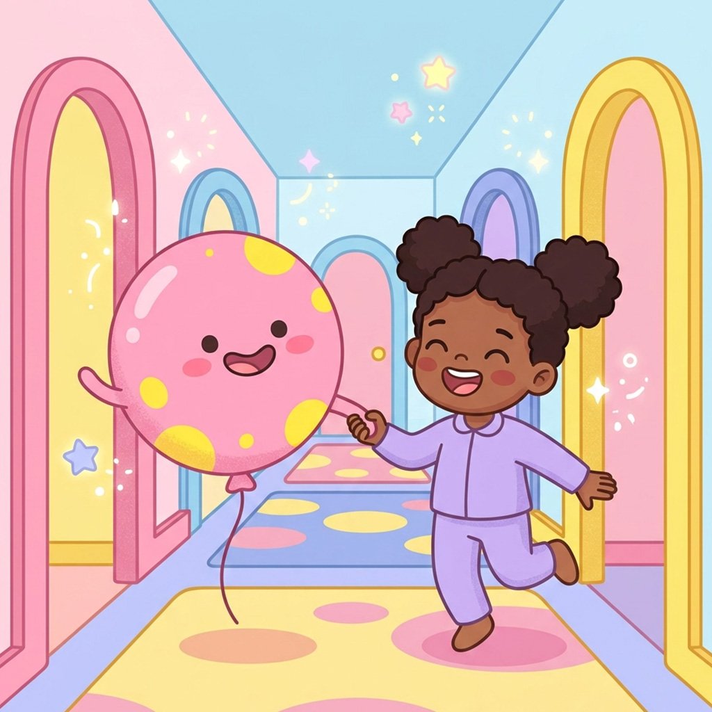 bedtime story about nightmares - Nadia holding hands with a bouncy pink balloon creature in her dream