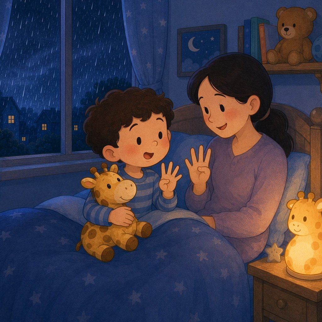 thunderstorm bedtime story - Omar and Mom counting on their fingers as rain falls outside