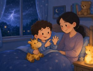 thunderstorm bedtime story - Omar and his mom counting the thunder together in bed