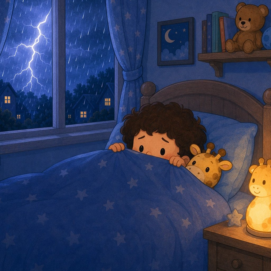 thunderstorm bedtime story - Omar hiding under his blanket with his stuffed giraffe as lightning flashes